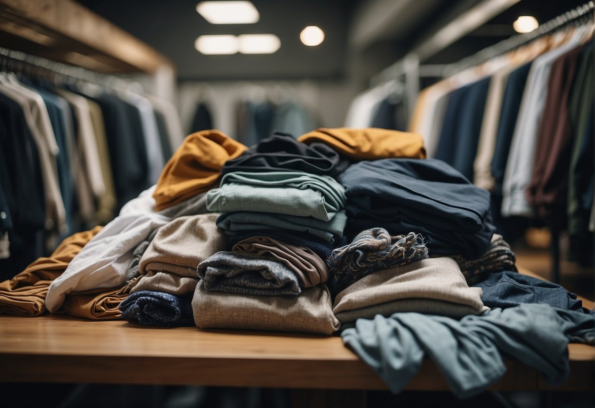 A pile of discarded clothing labeled "Fast Fashion" sits next to a rack of sustainable, ethically-made garments