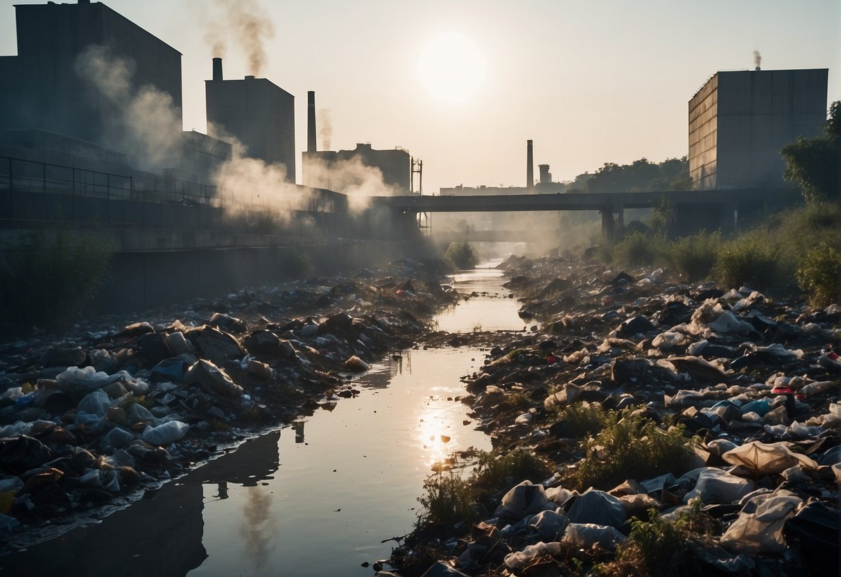 A polluted river with discarded clothing and waste, smoke rising from factories, dying wildlife, and deforestation due to fast fashion production