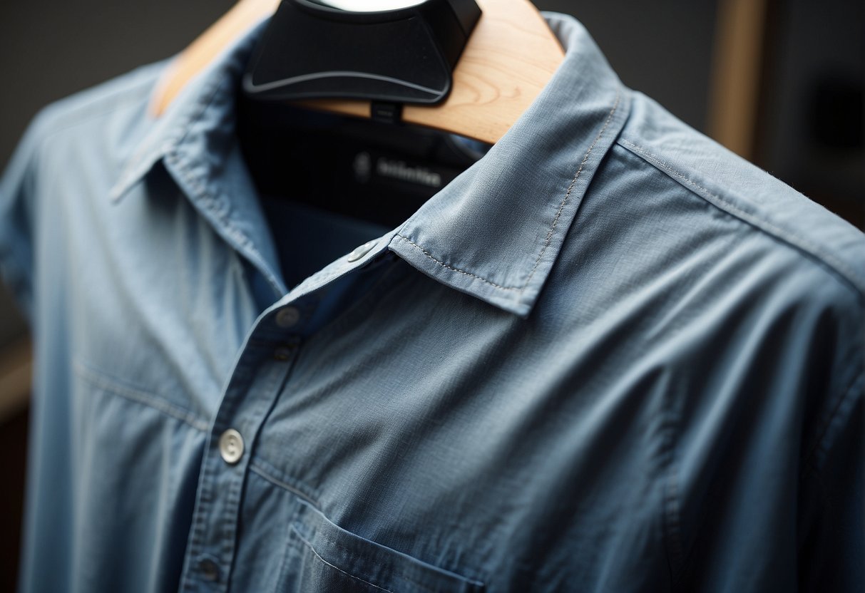 A shirt with visible sweat stains being treated with a stain remover and then washed in a washing machine