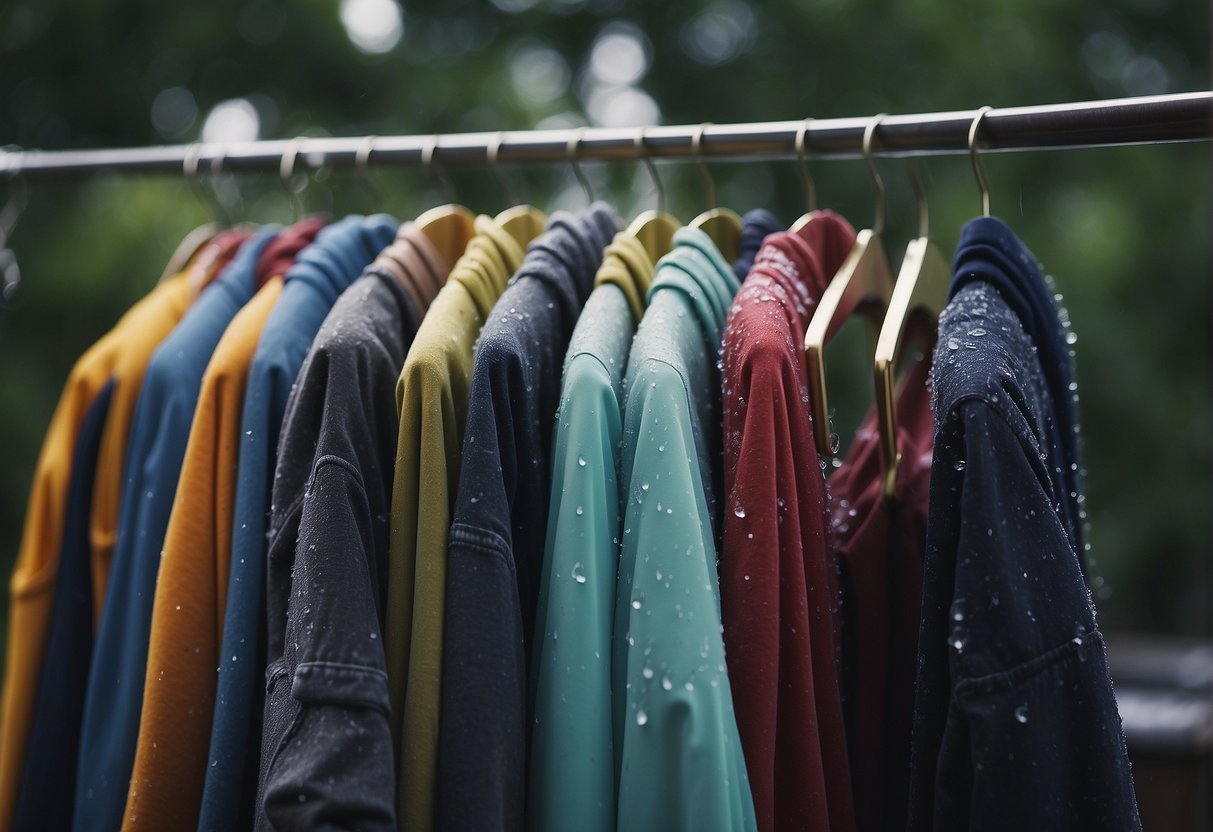 Clothes submerged in soapy water, scrubbing with a brush, rinsing under running water, and hanging to dry