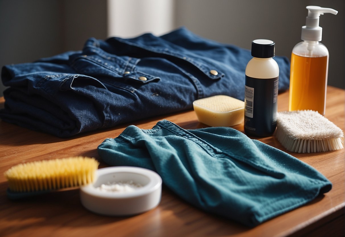 A pile of stained clothes with sweat marks, a bottle of stain remover, and a scrub brush on a clean surface