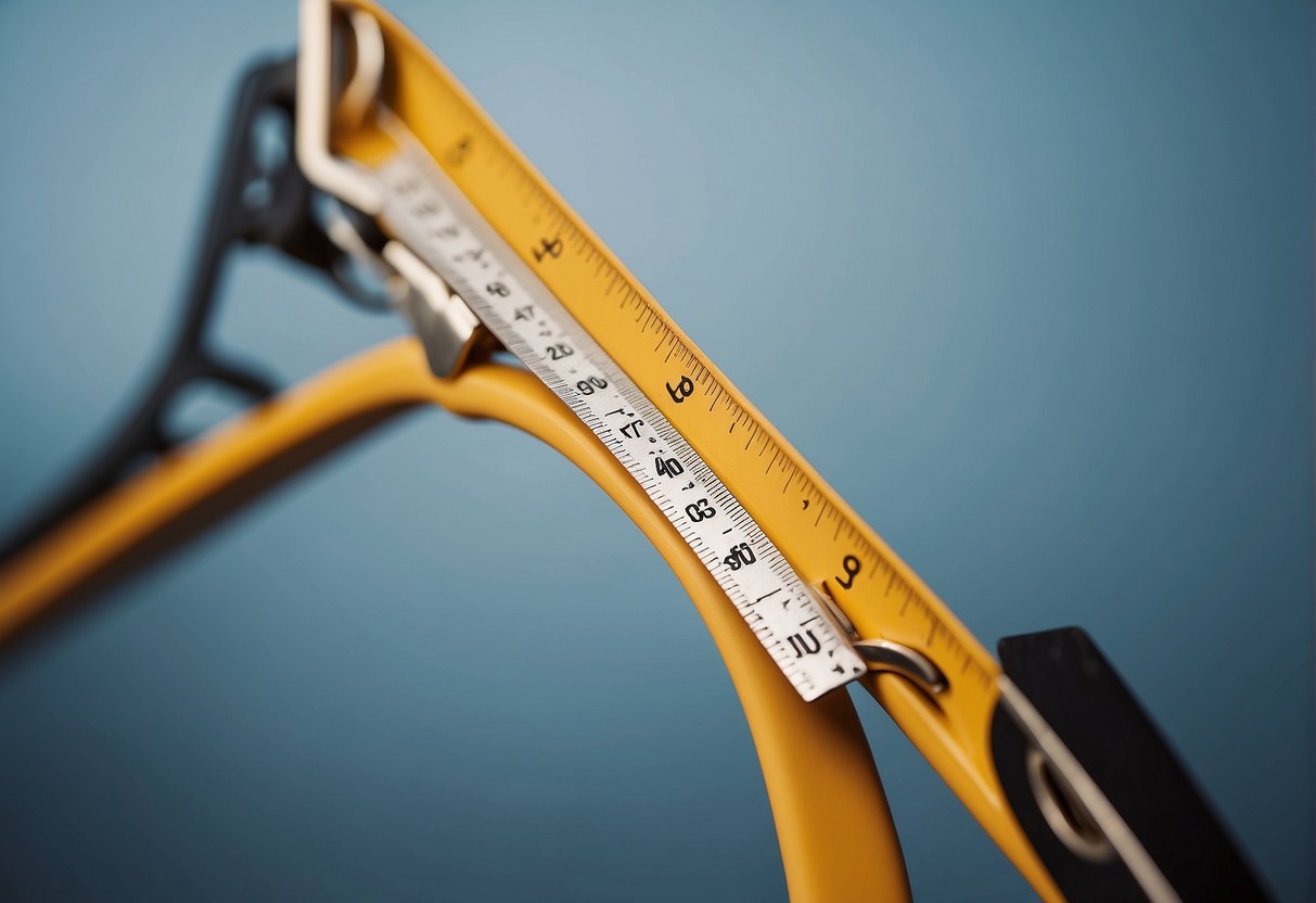 A ruler measuring the width of a clothes hanger against a plain background