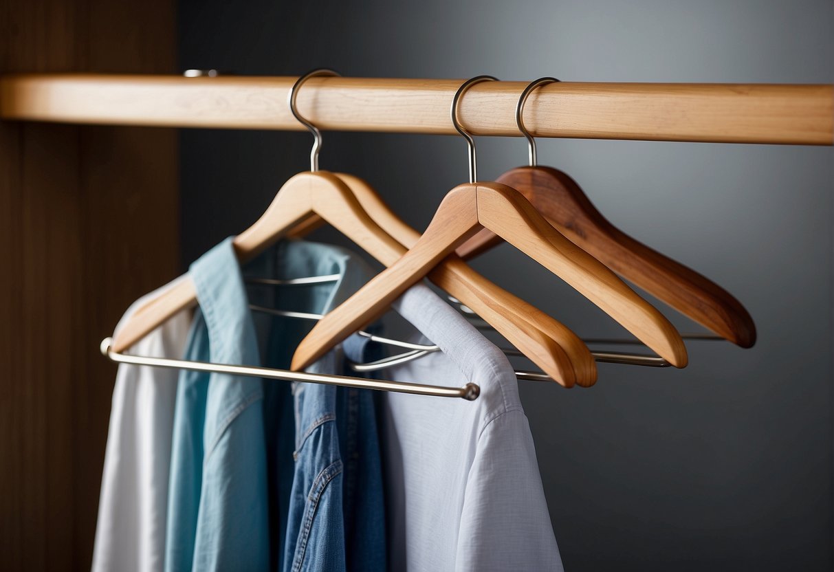 A sturdy, wooden clothes hanger, about 17 inches wide, hangs from a metal rod in a closet. The wood is smooth and polished, showing no signs of wear