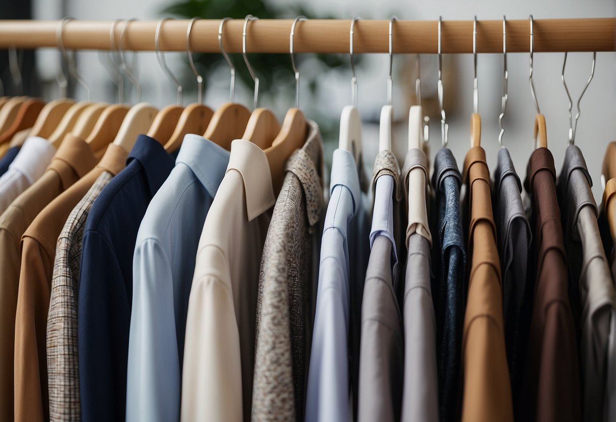 Various hangers displayed on a rack: plastic, wood, and metal. Different sizes for shirts, pants, and skirts. Width varies